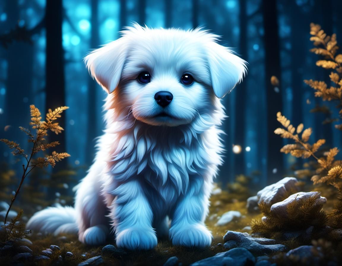 Translucent Puppy in Forest: Detailed Fantasy Concept Art