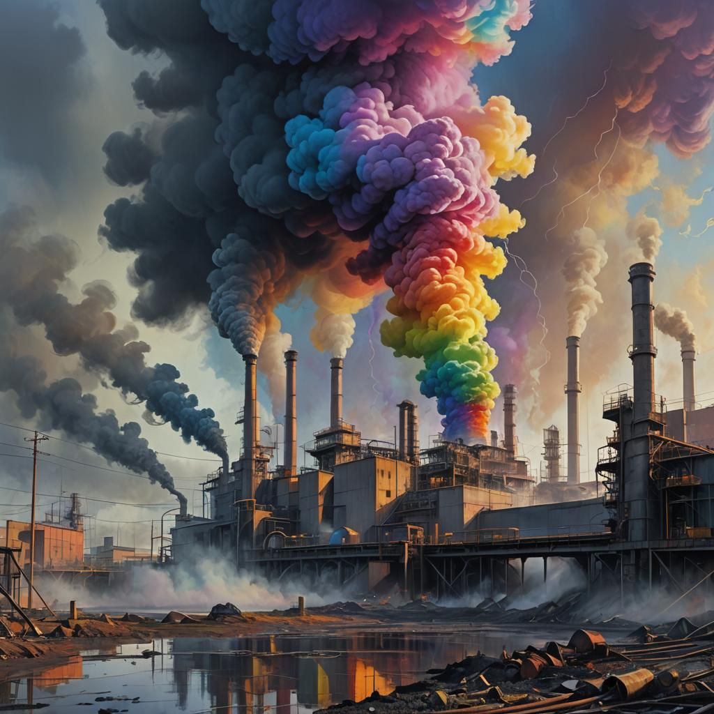 Surreal Rainbow Over Polluted Industrial Plant