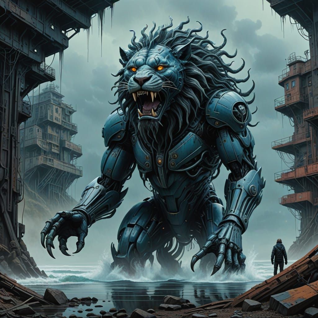realistic water golem in the shape of a giant lion, hues of ...