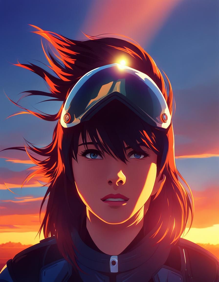 Anime Motorcycle Rider at Sunset in Studio Trigger Style
