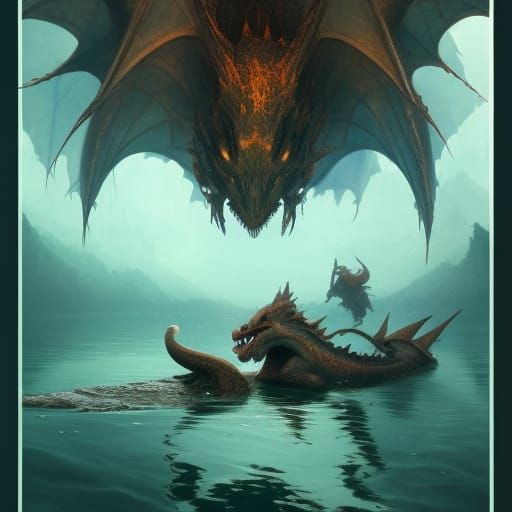 Dragons in Lake: Dark Fantasy Concept Art