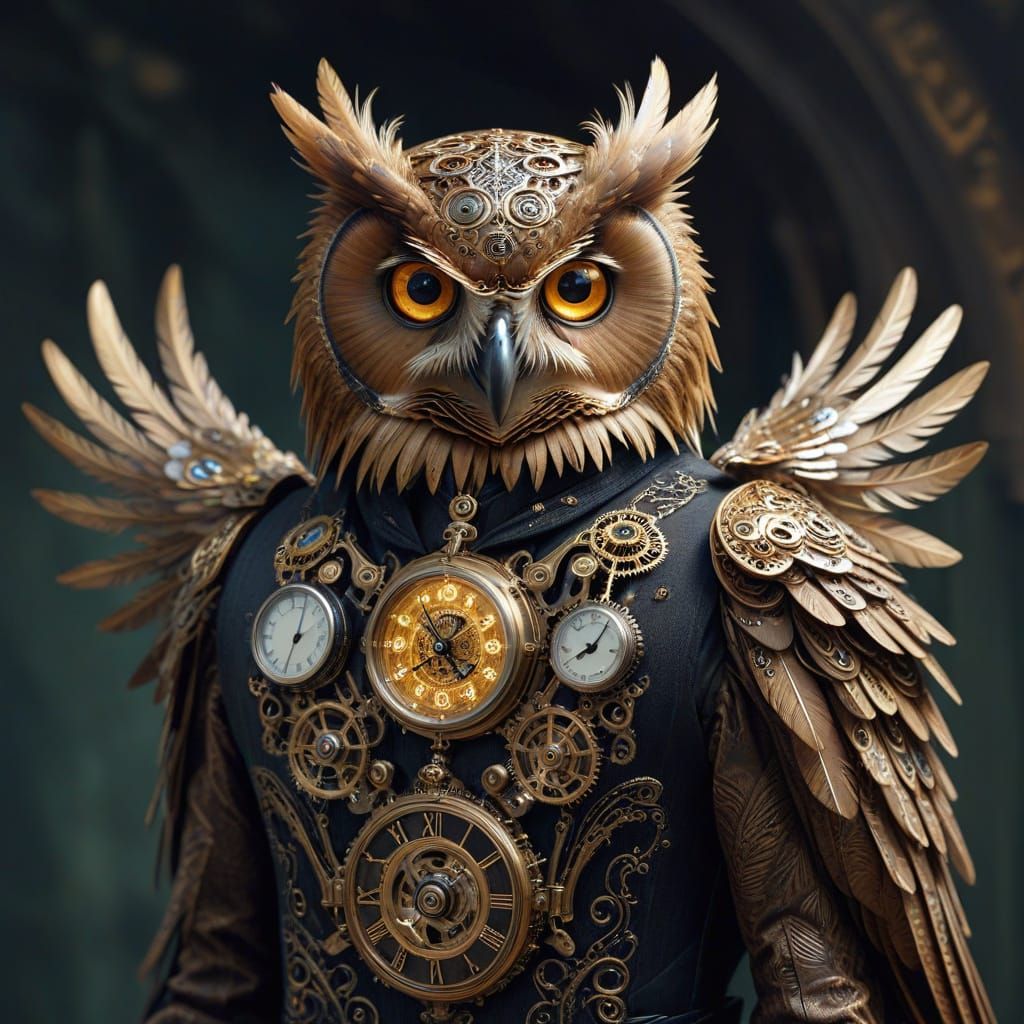 Steampunk Owl Portrait with Gears and Filigree