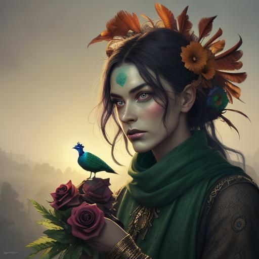 Woman with Peacock Feathers in Cinematic Style