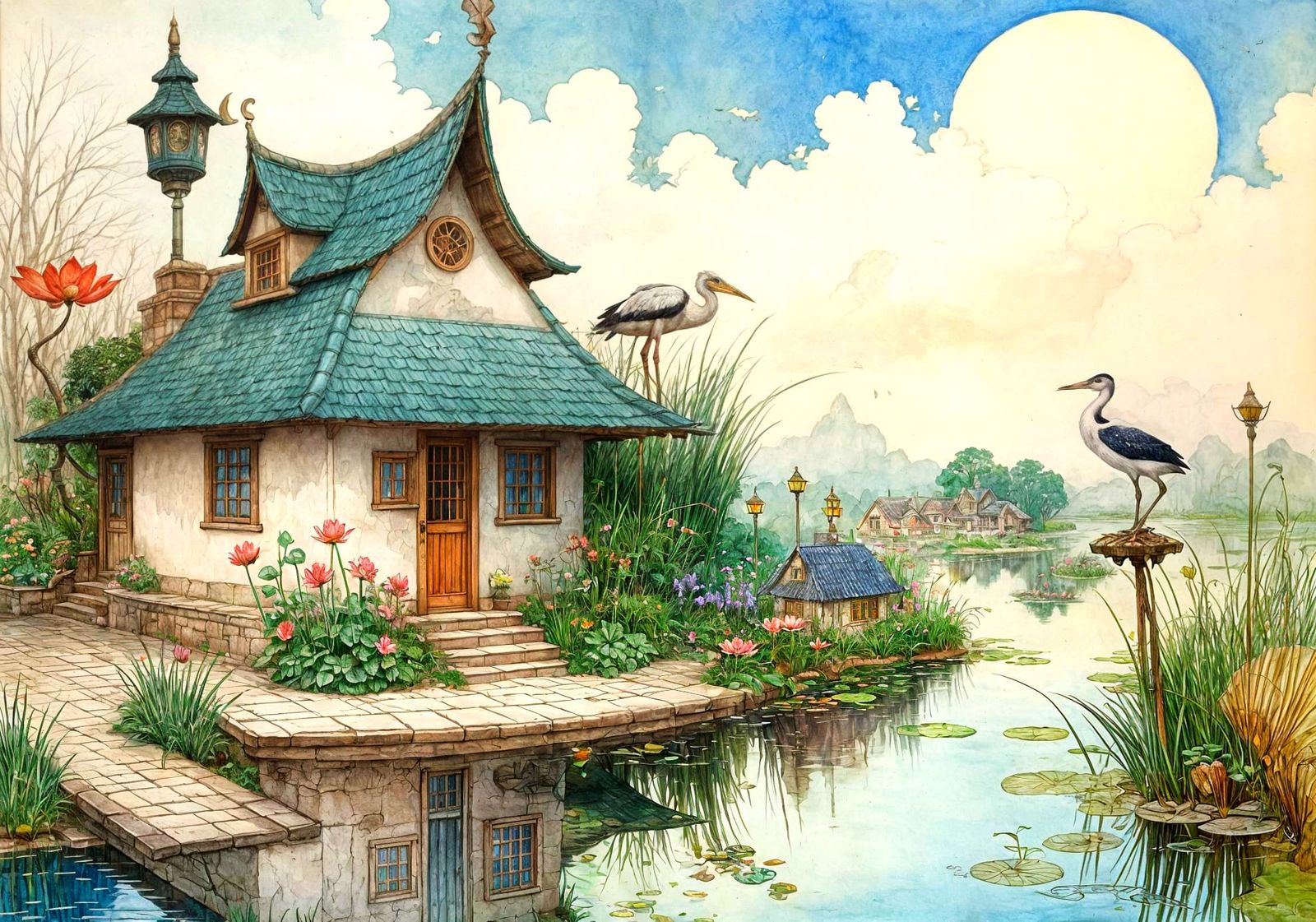 Charming Stork House Illustration with Watercolor Details