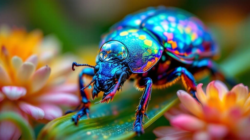 Hyper-Realistic Beetle Amidst Vibrant Flowers in Exquisite H...