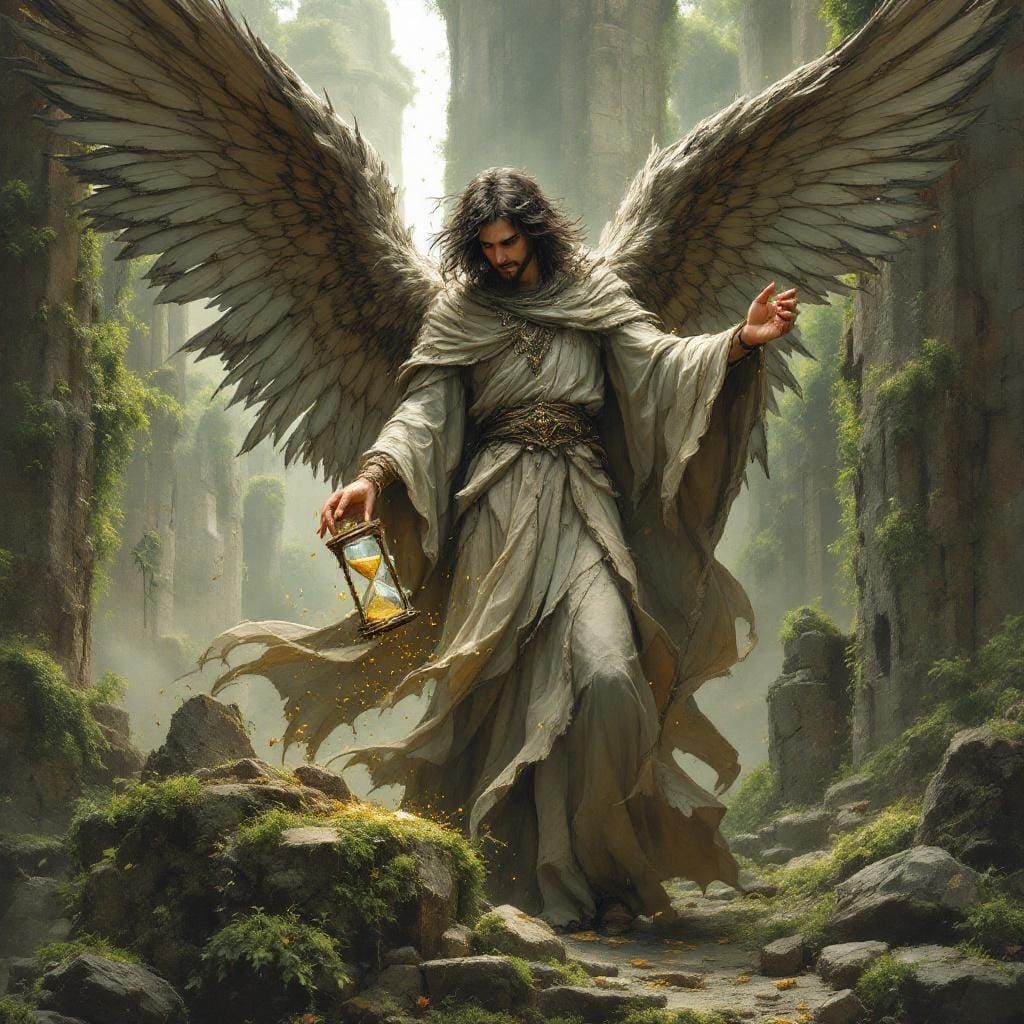 Archangel Oriphiel Amidst Crumbling Ancient Ruins