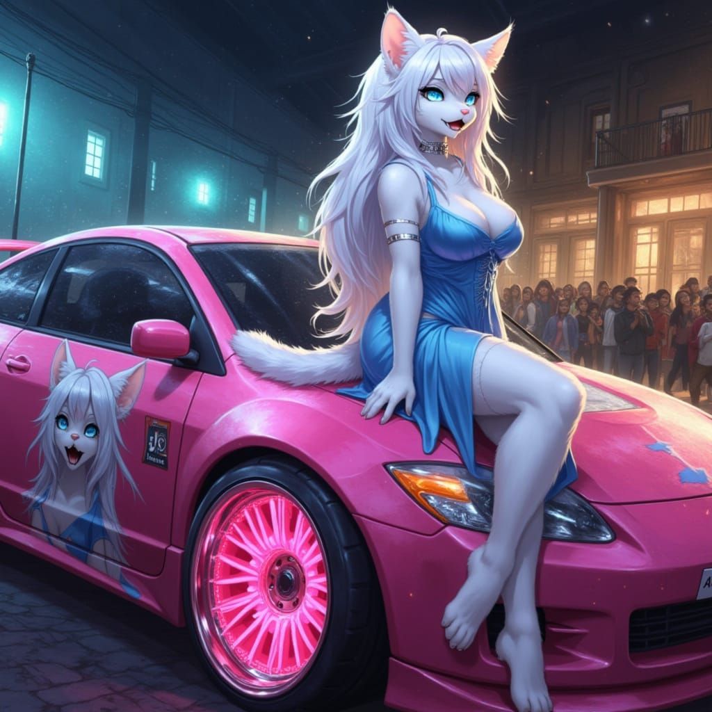 Cat Girl on Pink Car in Art Nouveau Style