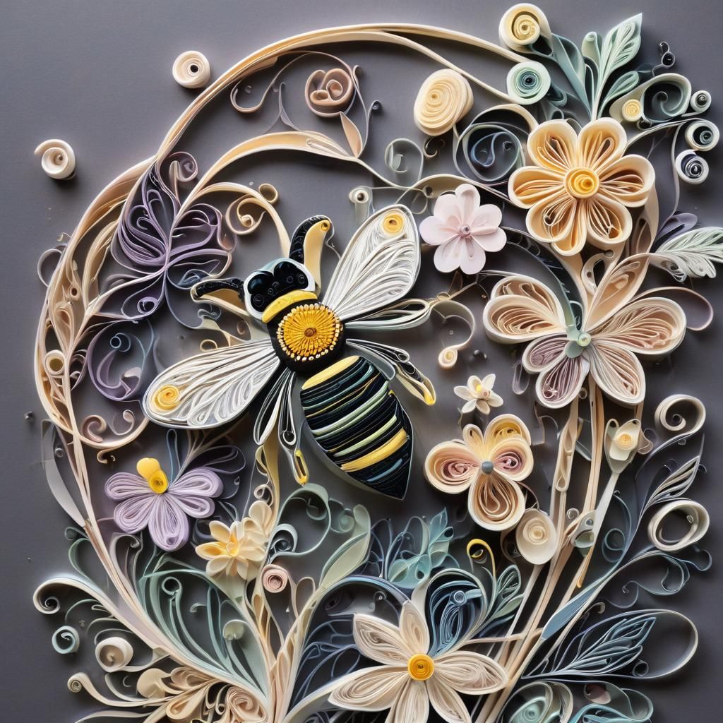 Delicate Paper Quilling of a Bee on Flower
