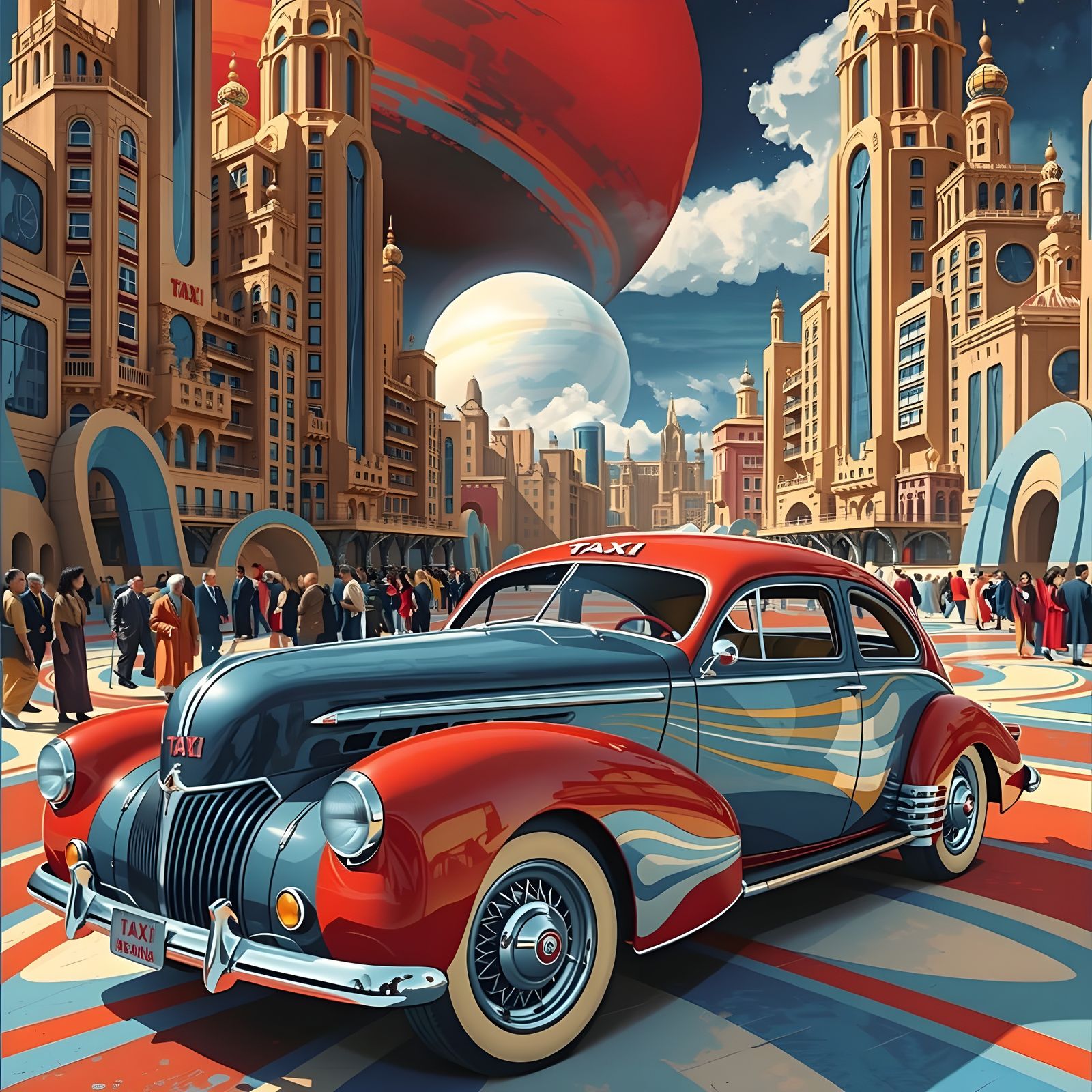 Retrofuturistic Taxi in Front of Saturn