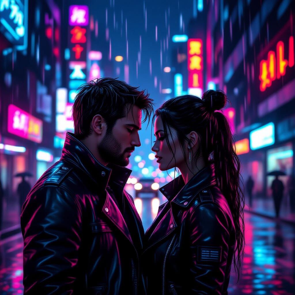 Couple in Love Amidst Neon Cyberpunk Cityscape