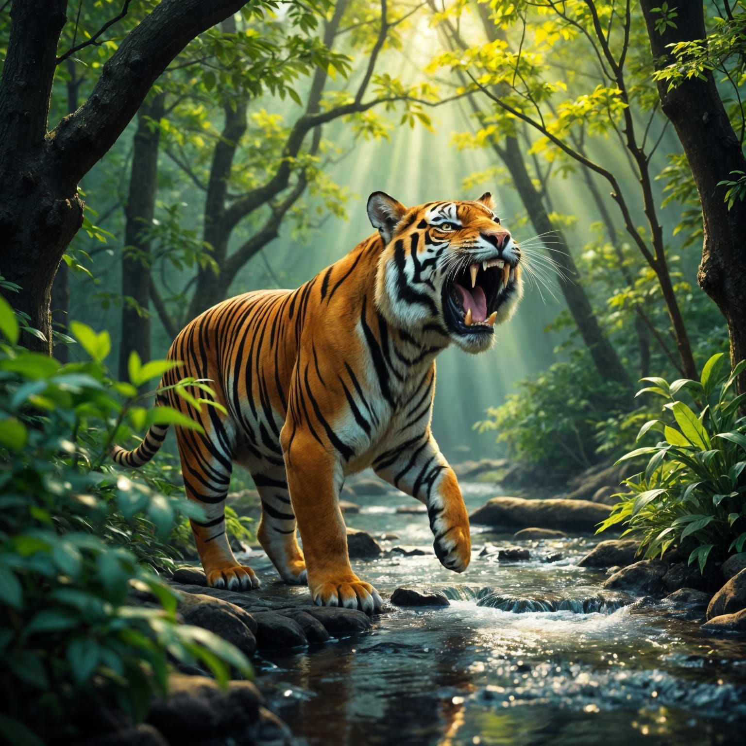 Regal Tiger Roars in Forest Clearing