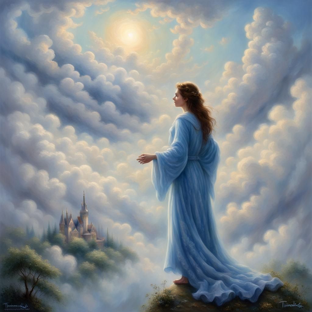 Cloud Woman in Blue Robe: Ethereal Fantasy Art
