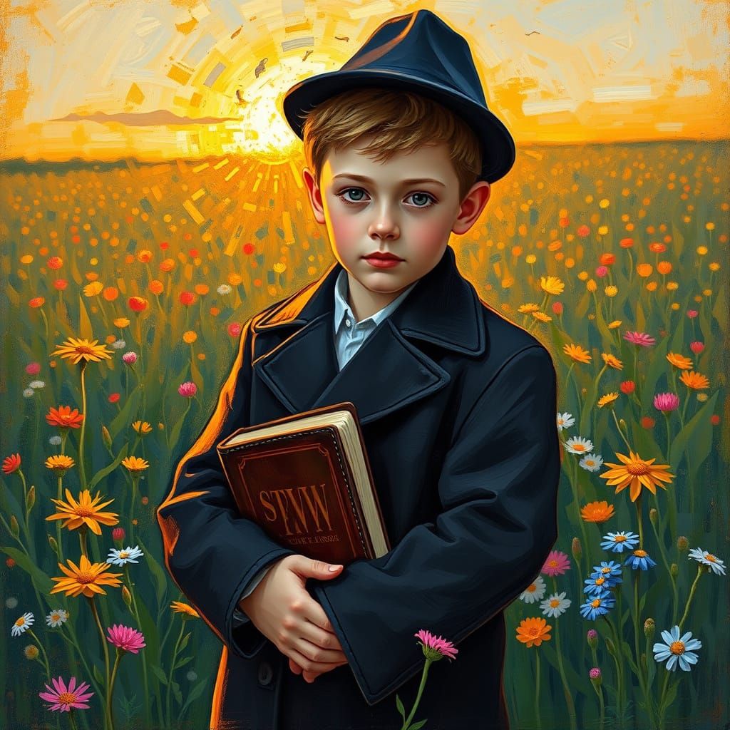 Hasidic Boy in Wildflowers: Impressionistic Sunset Painting