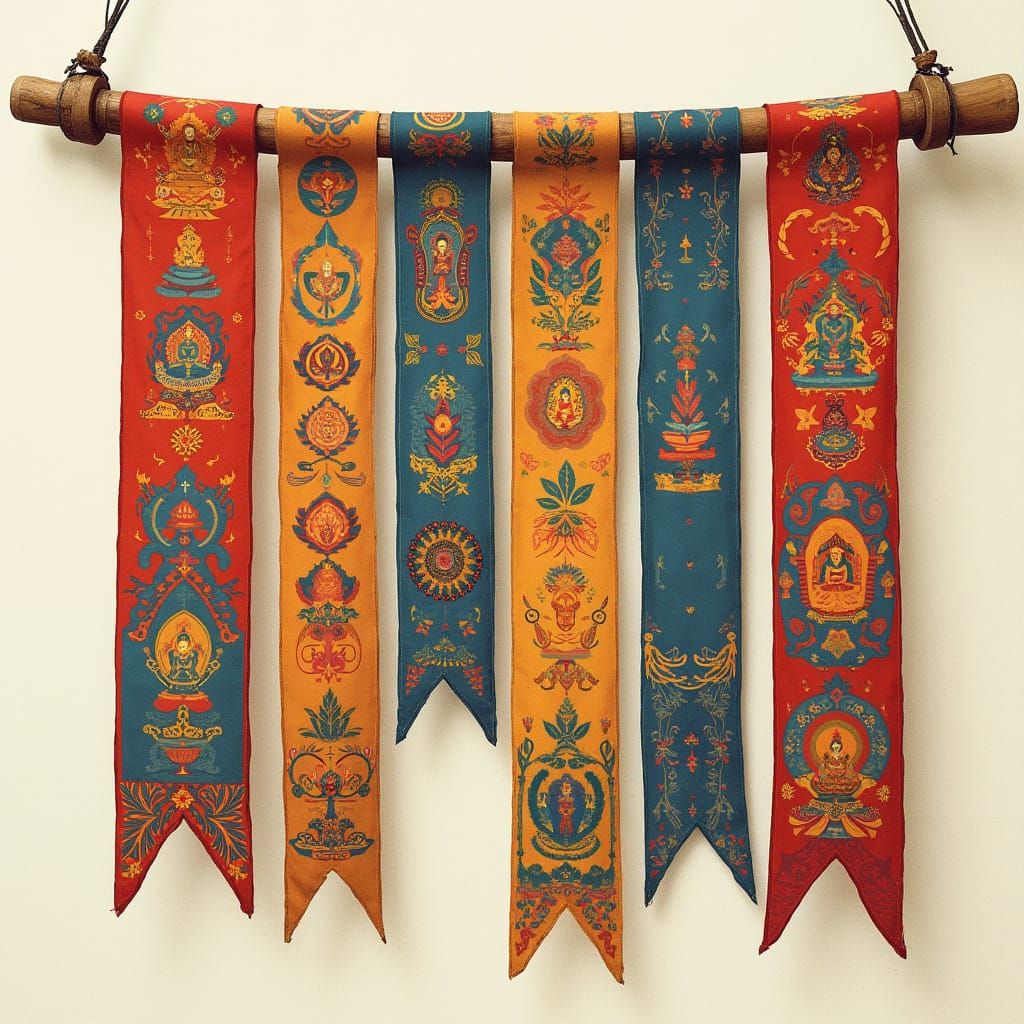 Whimsical Buddhist Flags in Mixed Media Style