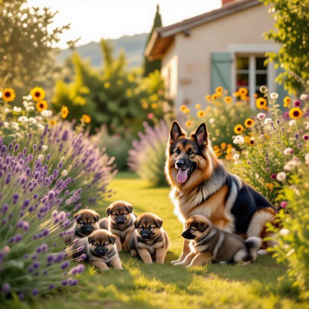 German Shepherd Family in Provençal Garden, 1975