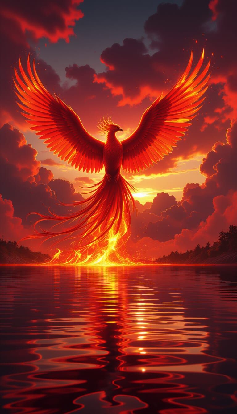 Phoenix Rising from Crimson Inferno: Cinematic Fantasy Art