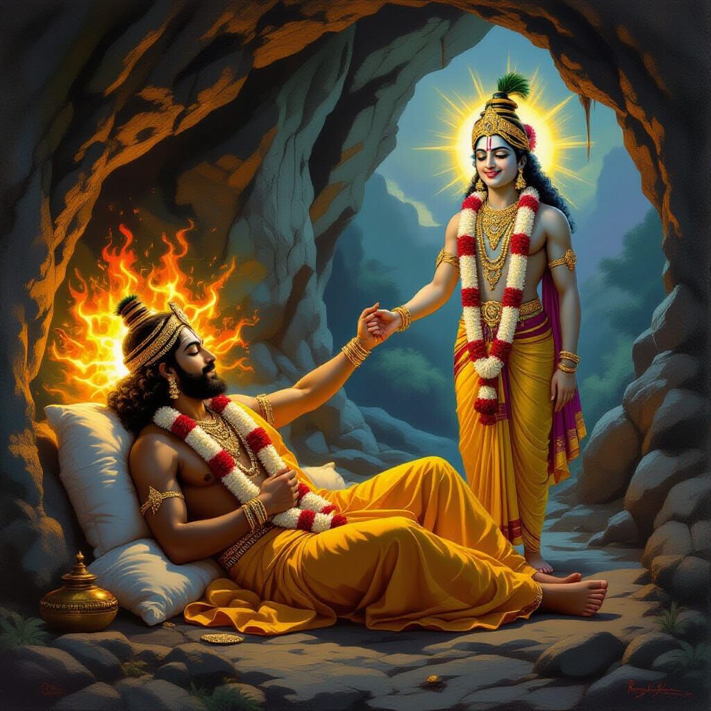 Fiery Divine Light Burns Kalayavan, Raja Ravi Varma Style