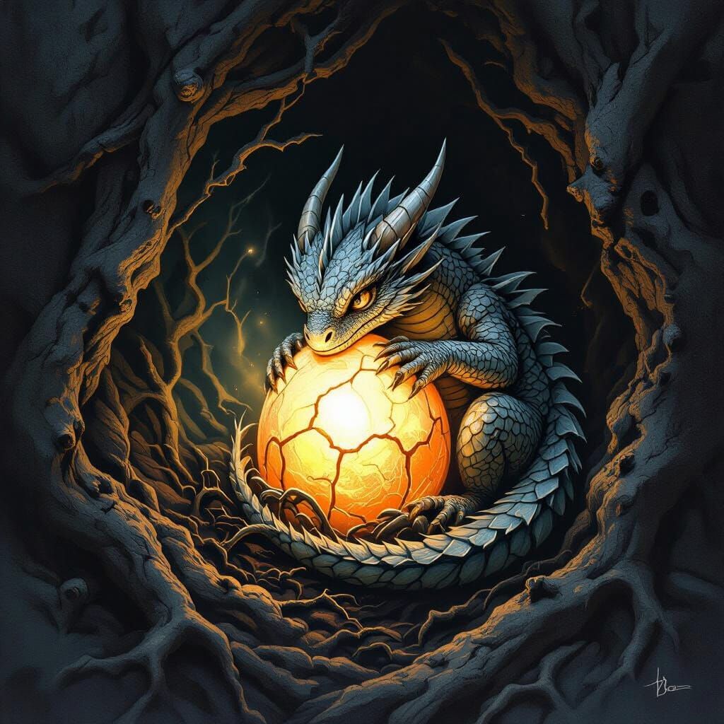 Ancient Dragon Guards Glowing Egg in Dark Roots
