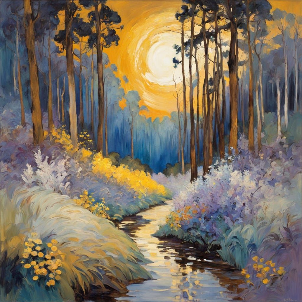 Enchanted Forest at Moonrise in Vibrant Expressive Style