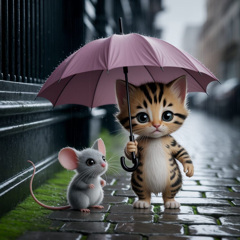 Furry Feline and Tiny Mouse Share Umbrella on Rainy Street
