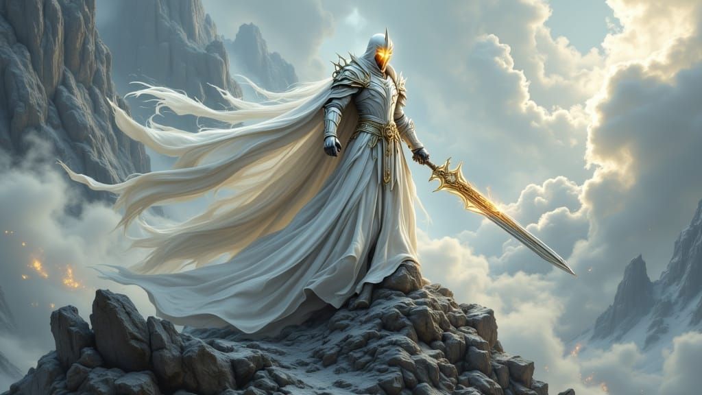 Triumphant Knight in White and Gold Armor