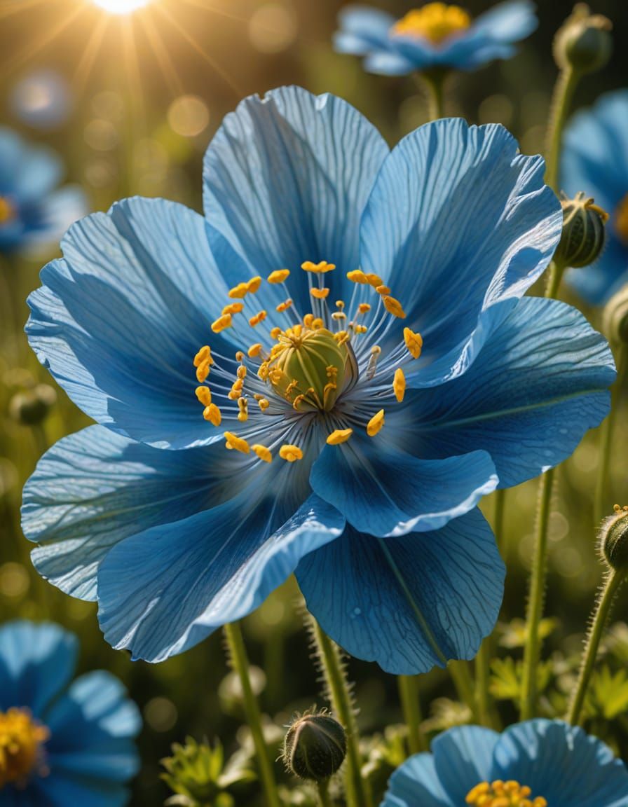 Blue Himalayan Poppy in Vibrant Anime Style: Macro Shot