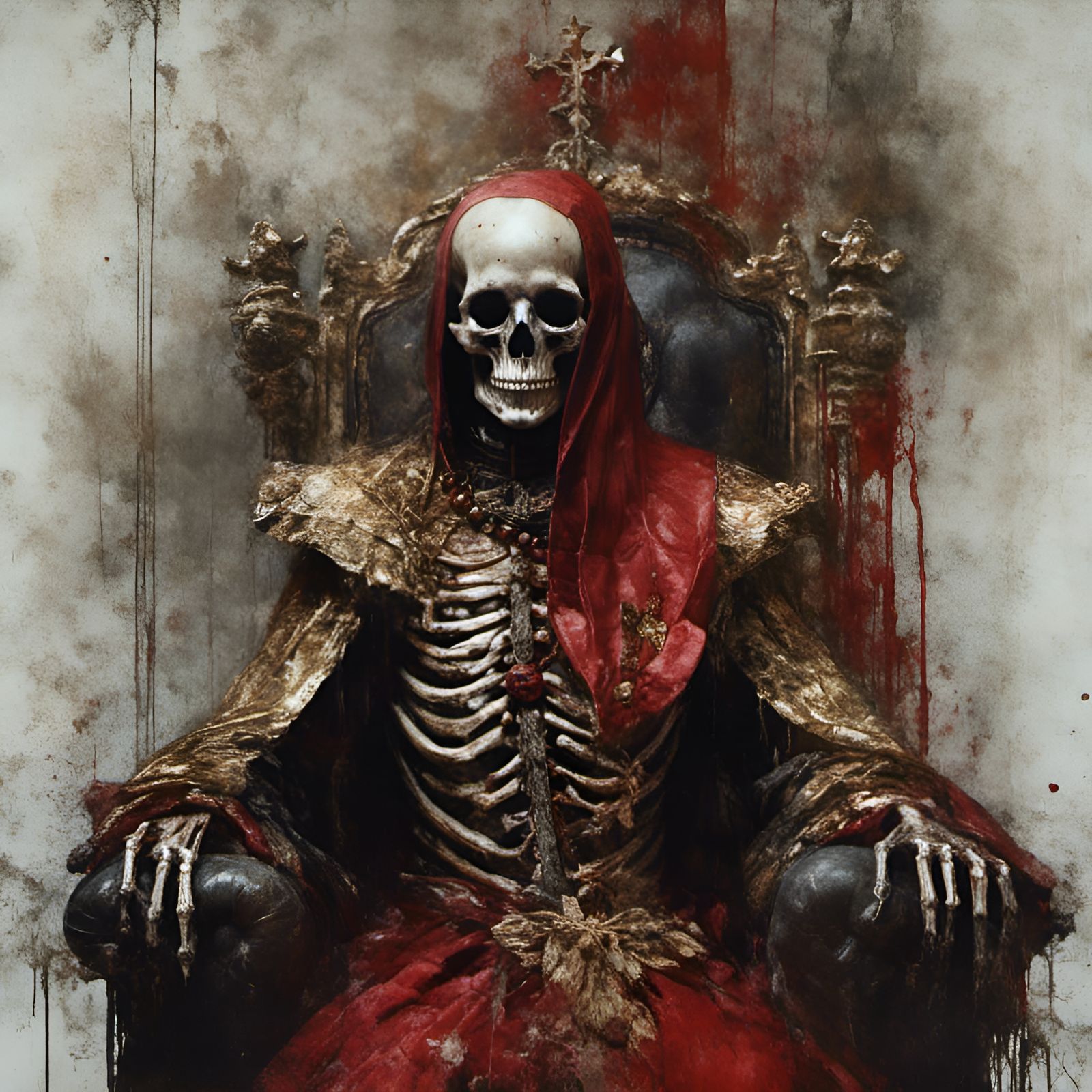 Skeleton Cardinal on Throne as Impasto Painting