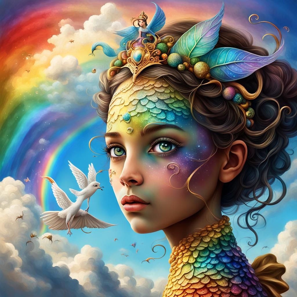 Magical Portrait of Girl and Frog With Dragon