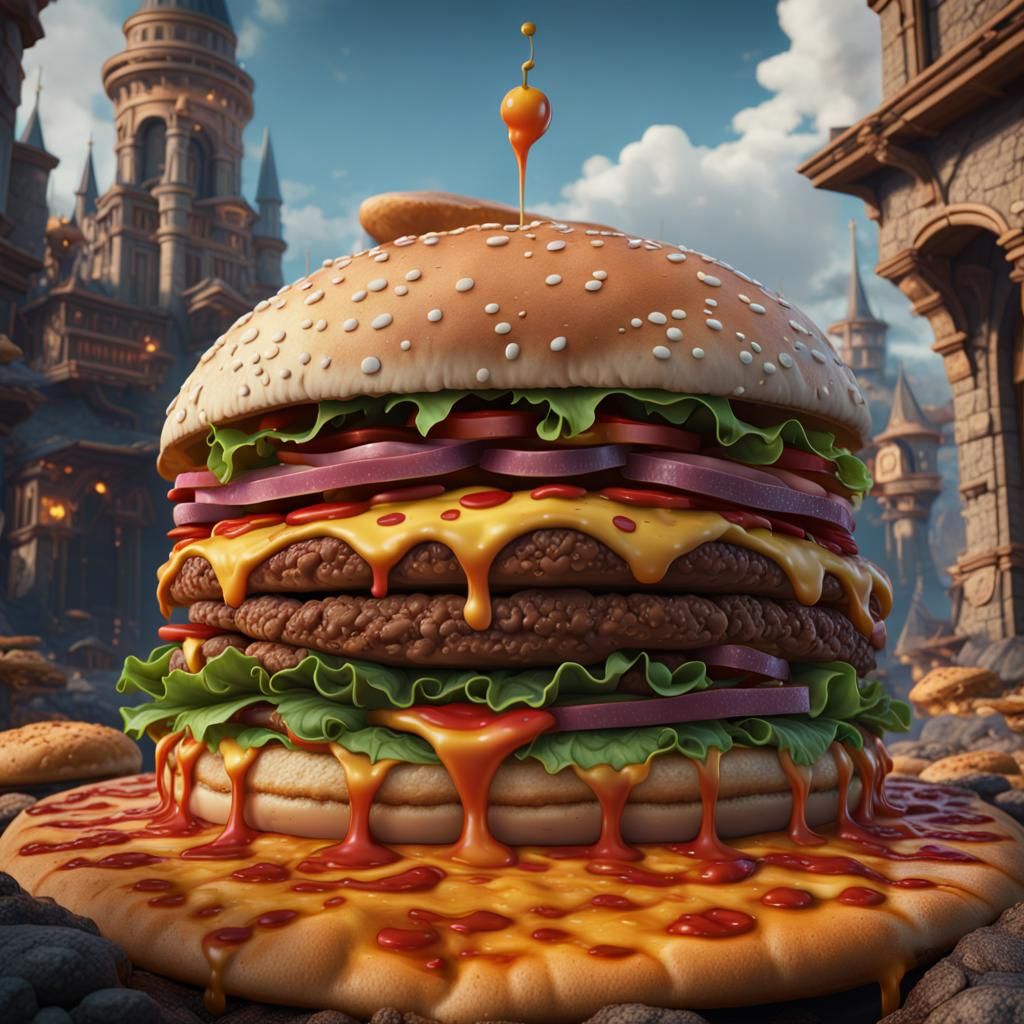 Fantastical Pizzaburger Concept Art in Detailed Matte Painti...