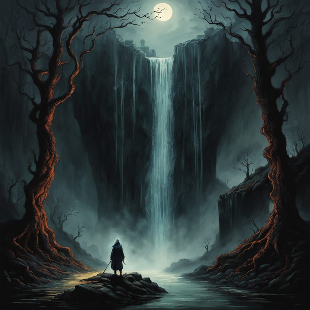 Eerie Waterfall in Dark, Mystical Realism Style