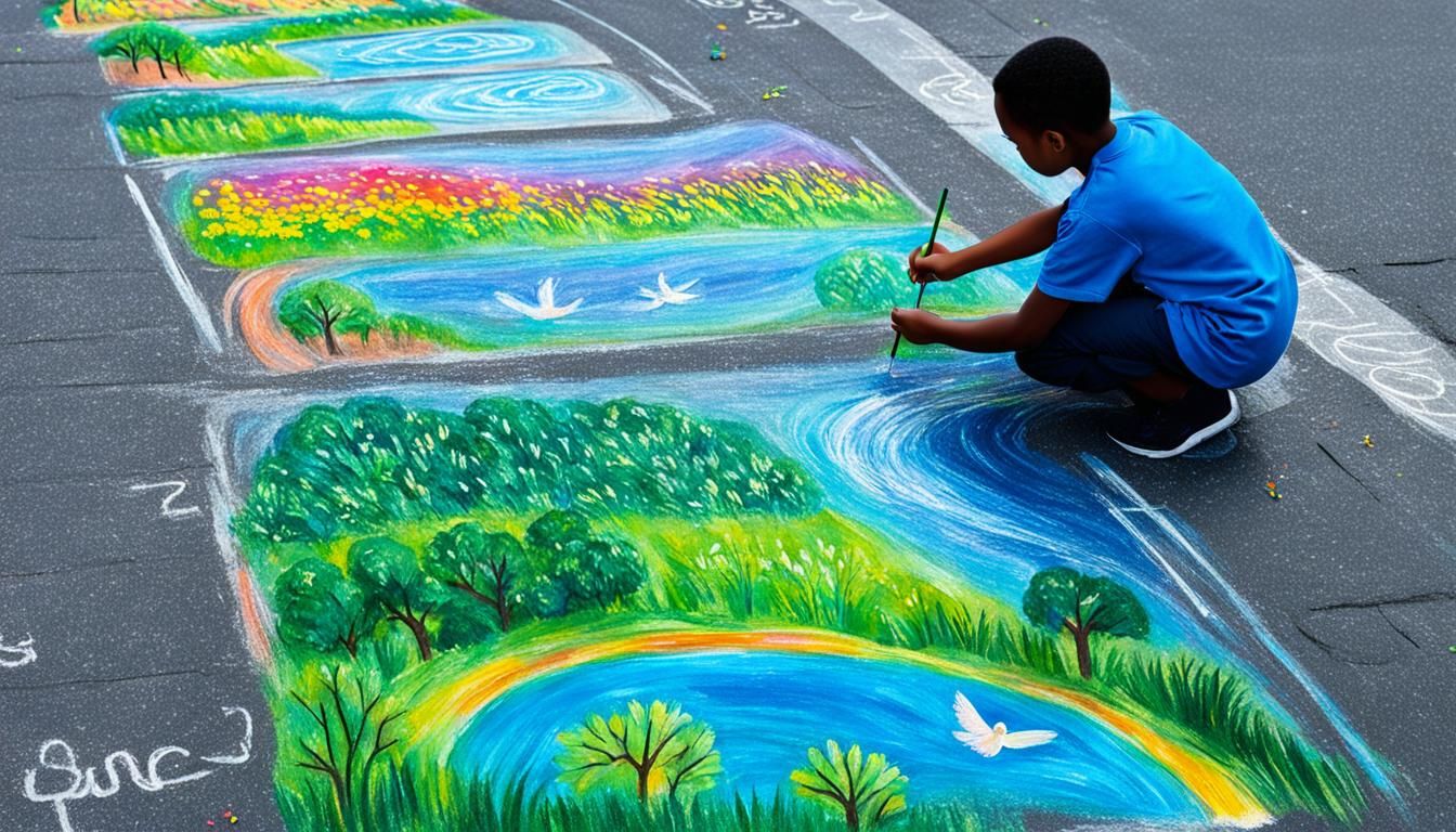 Chalk Art, young children draw beautiful landscapes, a world...