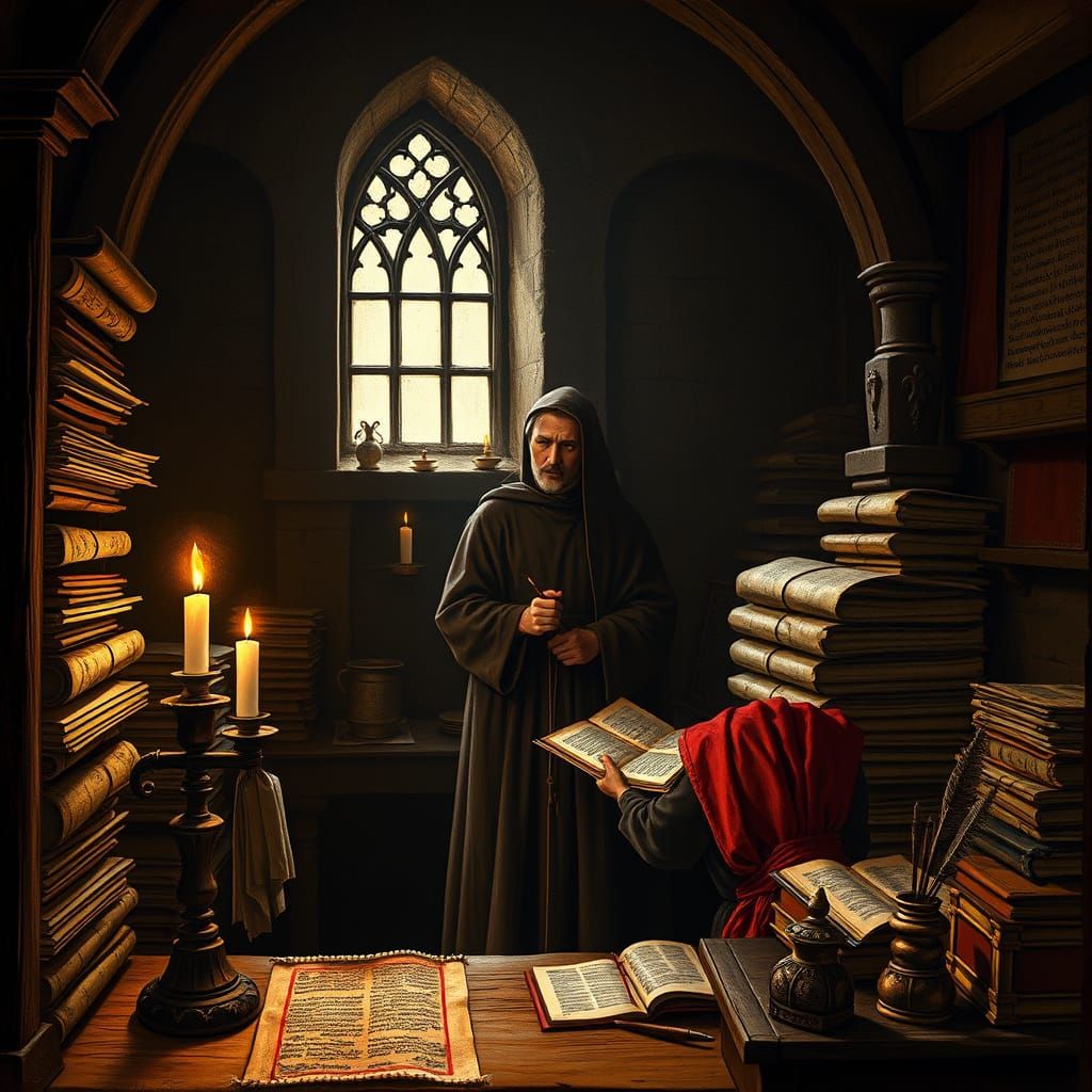 Byzantine Monk Transcribing Ancient Texts by Candlelight