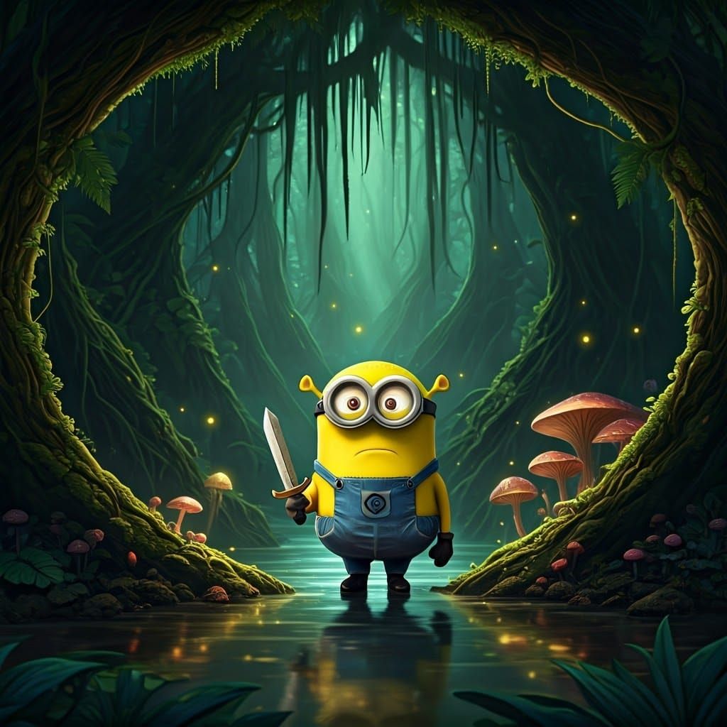 Minion-Shrek Hybrid in Fantasy Swamp, Digital Painting