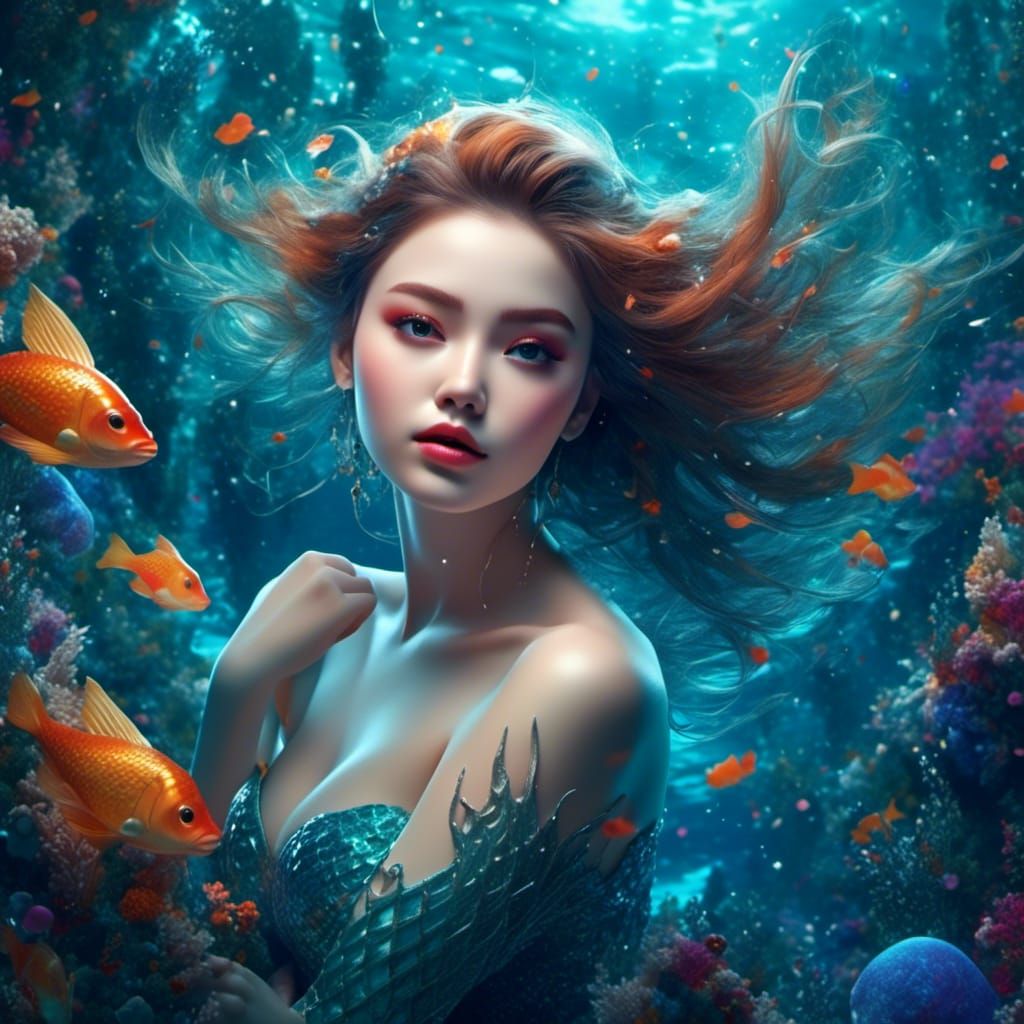 Cute Mermaid in Fantasy Underwater World
