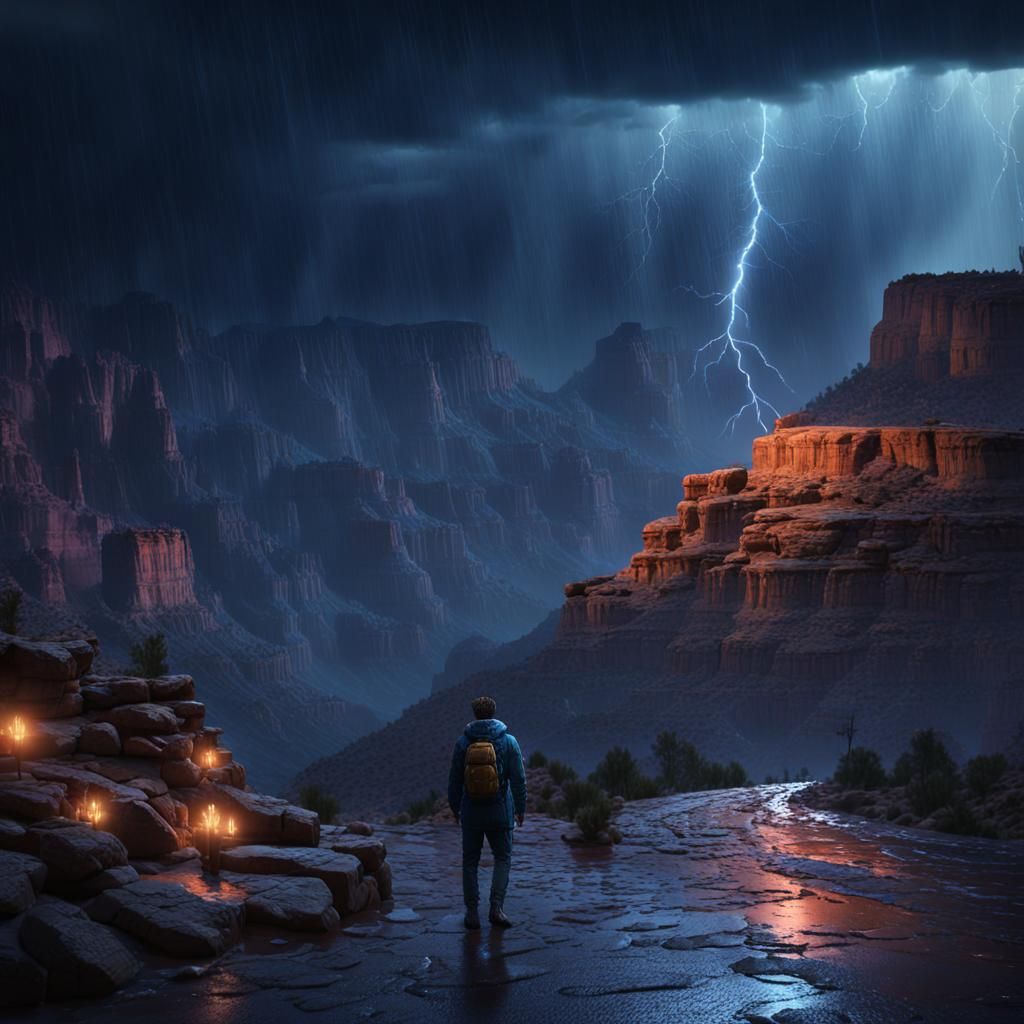 Grand Canyon: Man in Rainstorm at Night