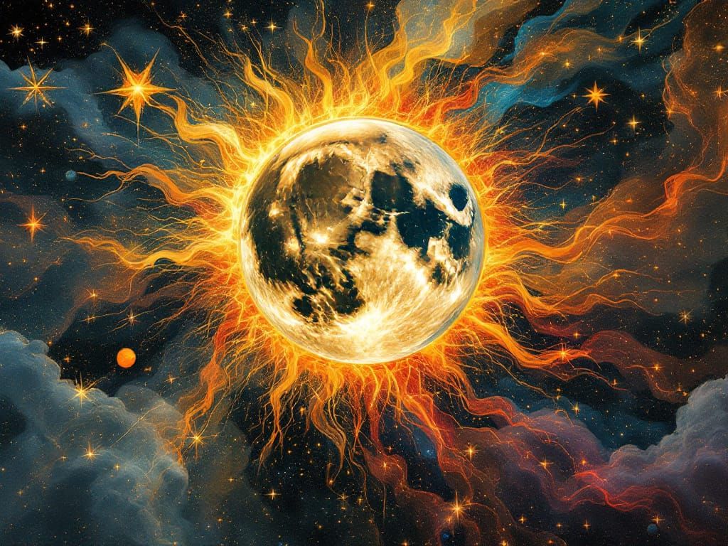 Cosmic Surrealism: Moon Within Sun, Abstract Ancient Art