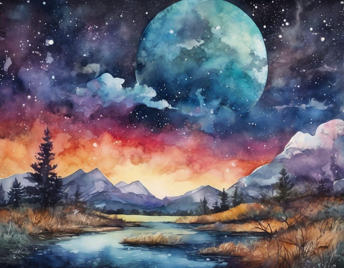Dreamlike Cosmic Landscape in Vibrant Watercolor
