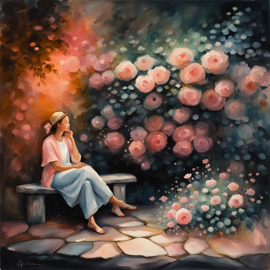 Dreamy Watercolor: Woman Among Pink Flowers