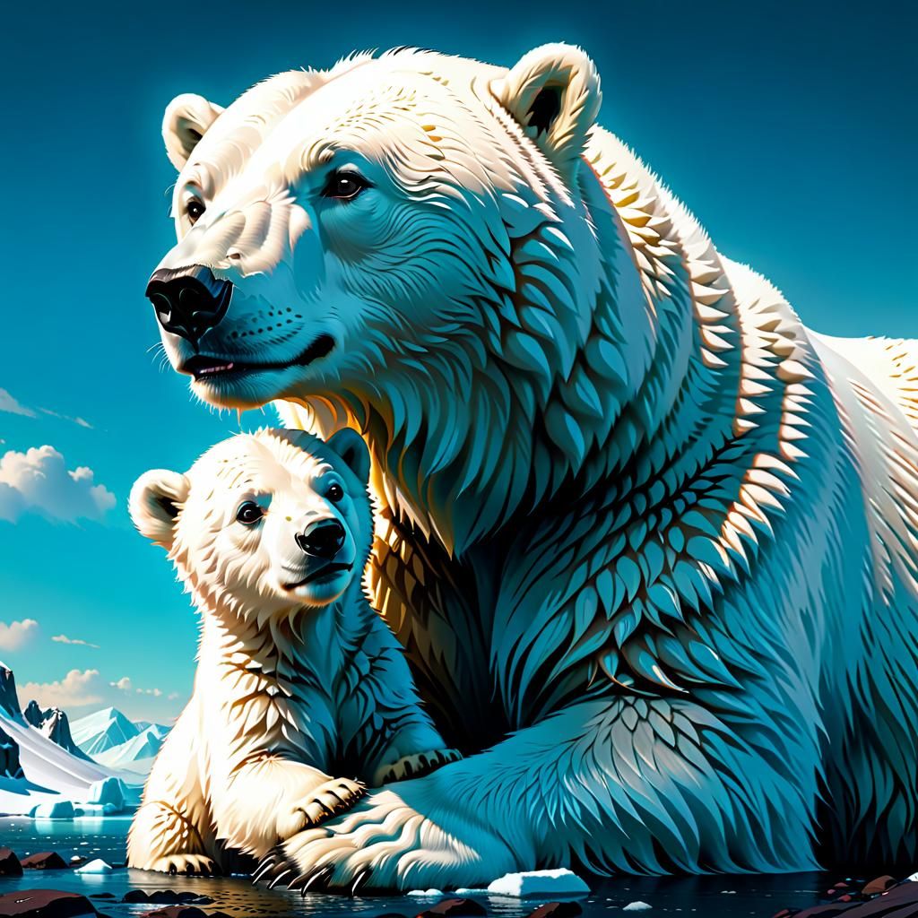 A female polar bear taking care of her son