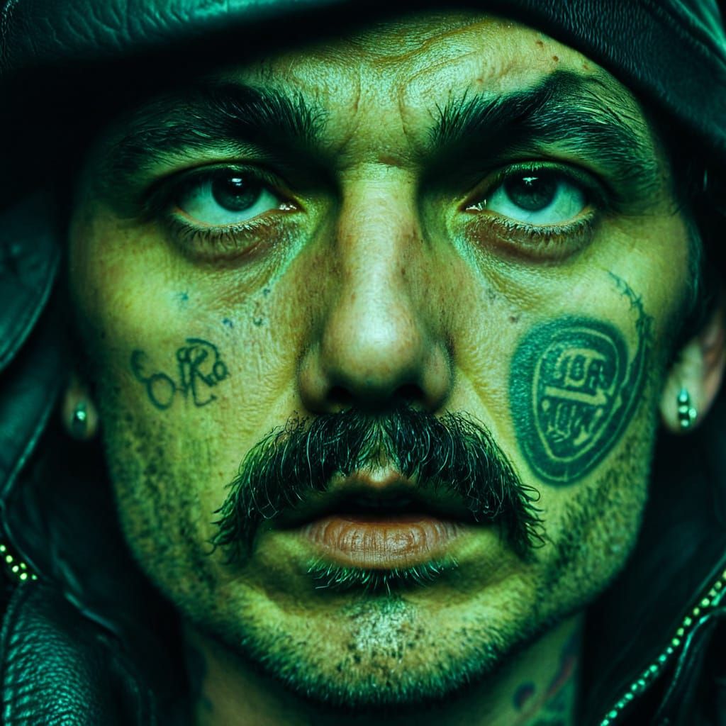 Biker Gang Portrait with Tattoos in Cinematic Style