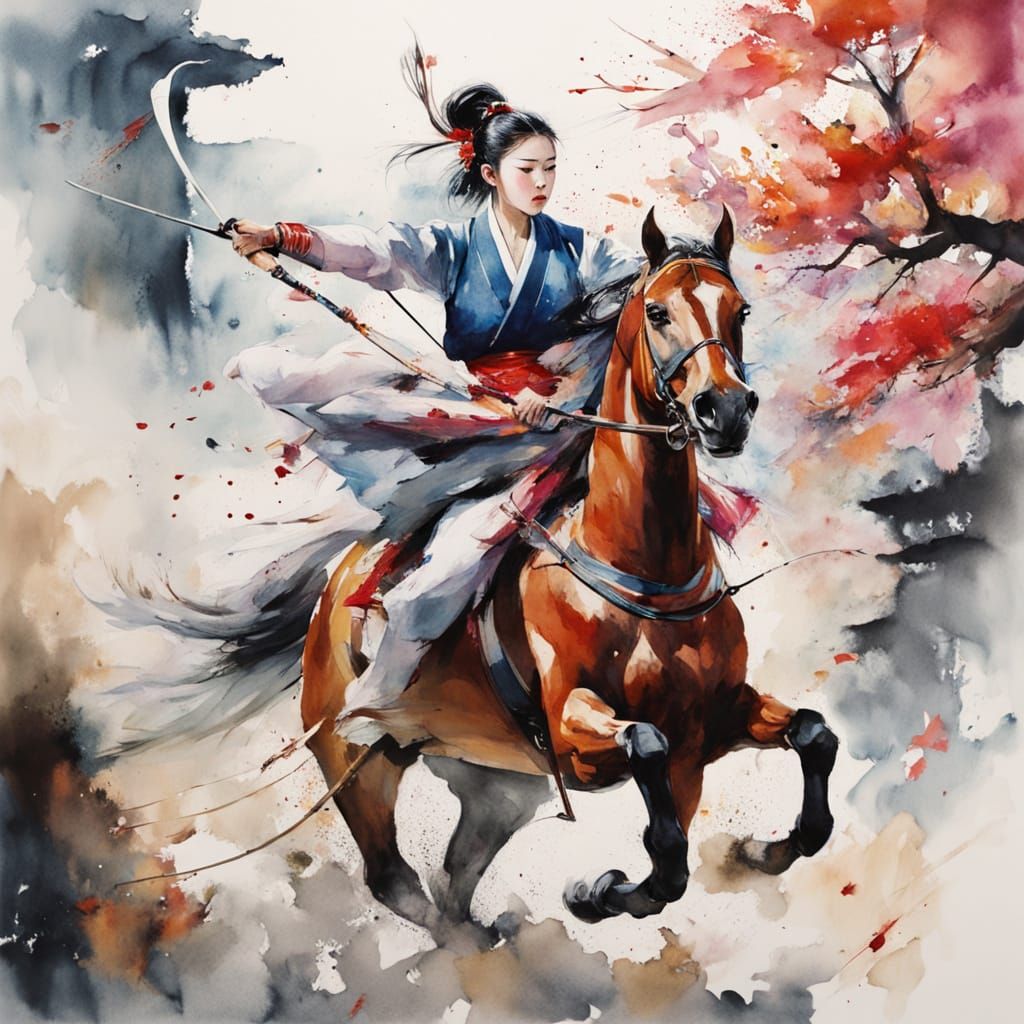 Japanese Woman Yabusame Archer on Horseback in Motion