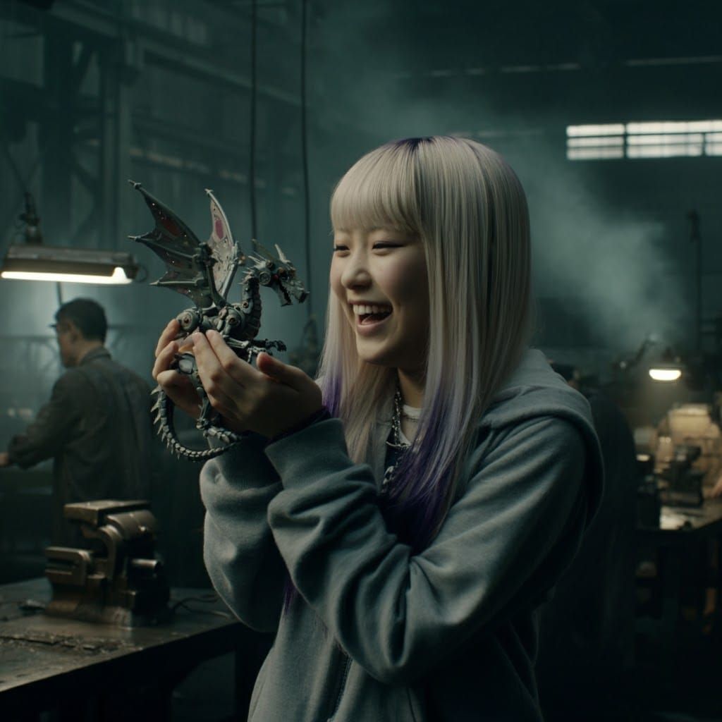 Girl with Mechanical Dragon in Dieselpunk Workshop