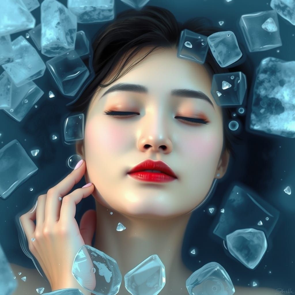 Serene Woman in Icy Water: Watercolor Photorealism