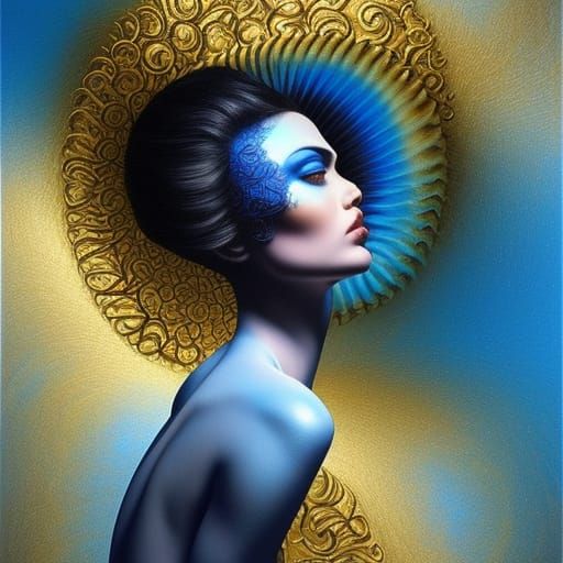 Surreal Blue Woman with Gold Spirals, Fine Art
