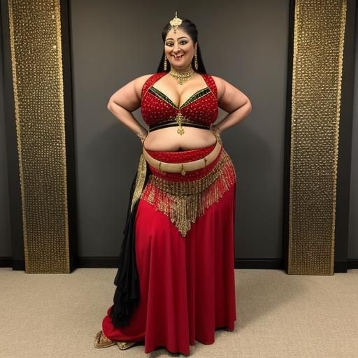 Belly Dancer in Red, Black, and Gold Outfit