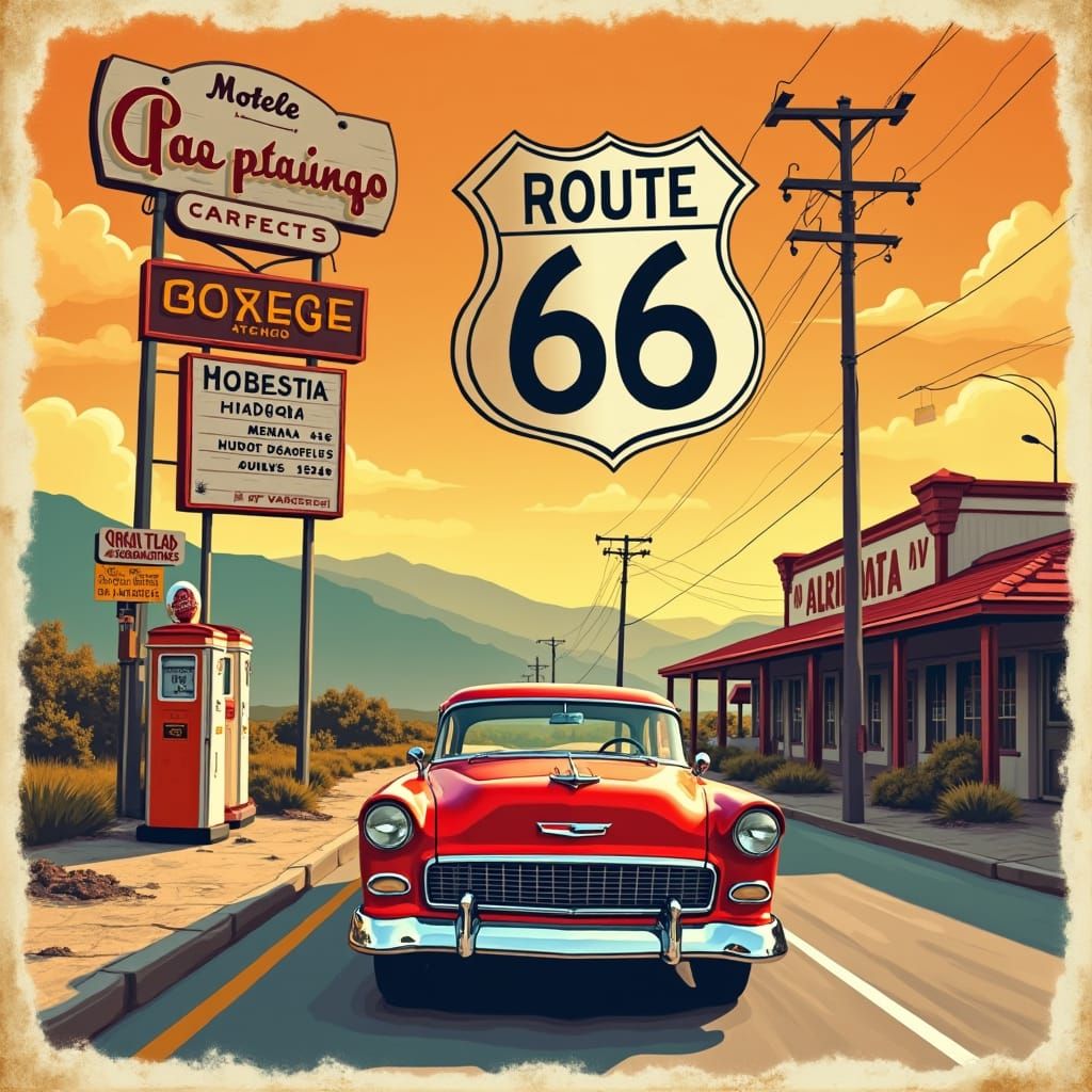 Vintage Route 66 Travel Poster with Classic Car