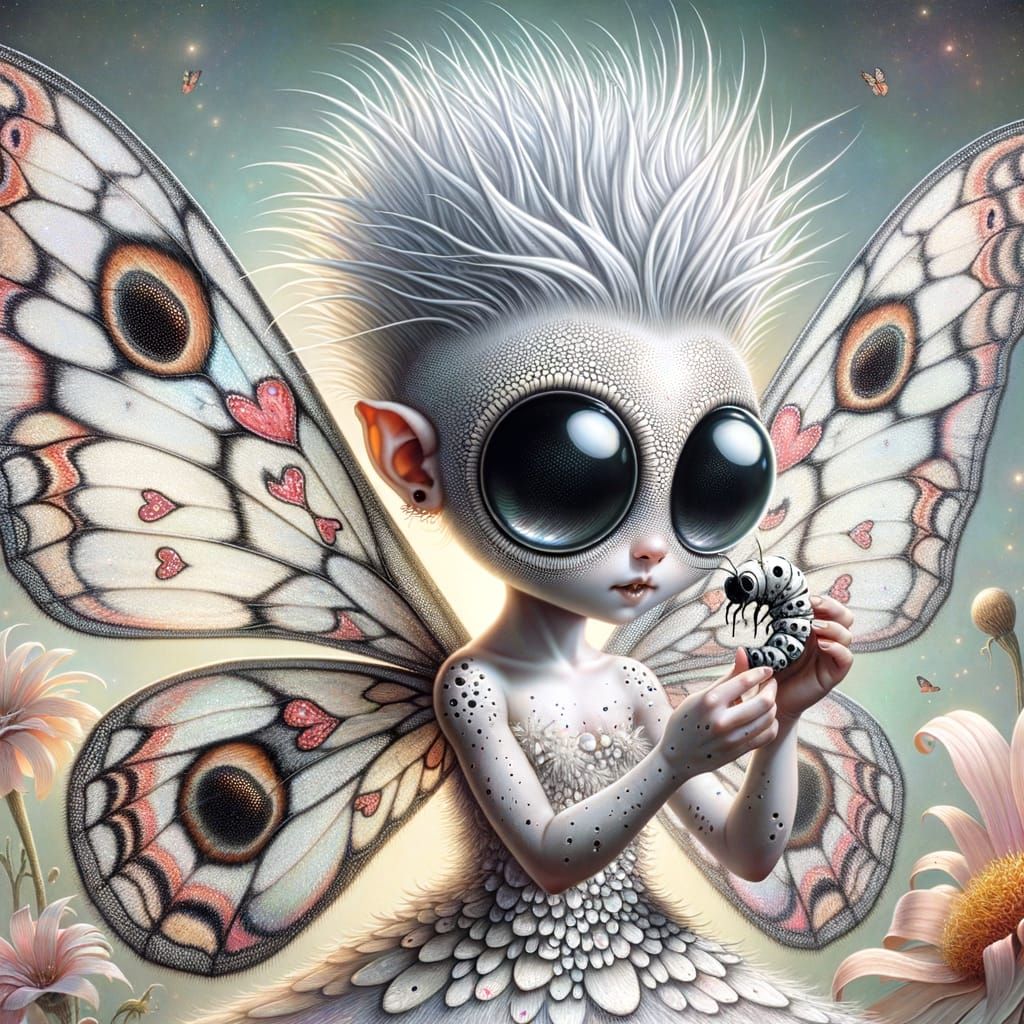 White Moth Fairy with Punk Hair, Holding Caterpillar