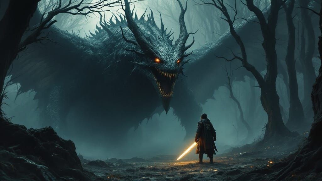 Dark Fantasy Warrior Faces the Jabberwock in Haunted Tulgey ...
