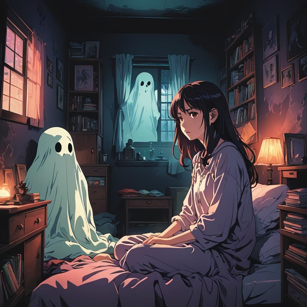 Eerie Anime Ghost in Dark Manga Room