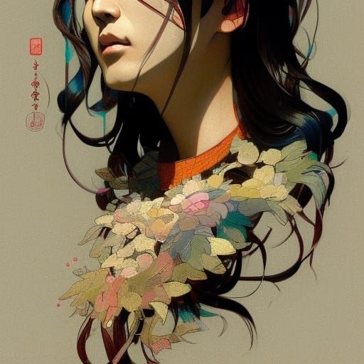 Detailed Portrait of Japanese Actor in Art Nouveau Style